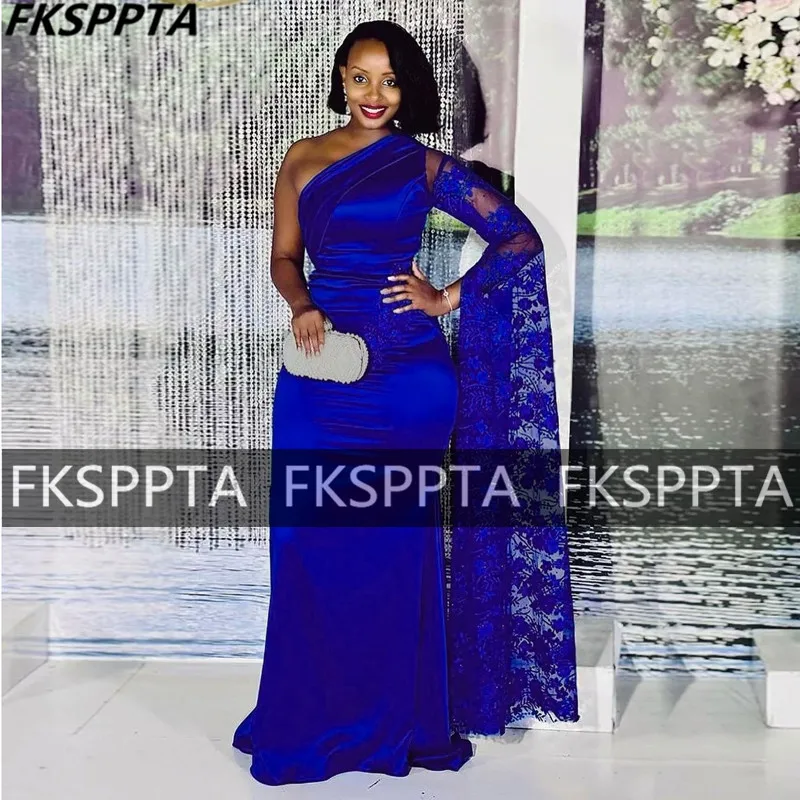 

Shiny Royal Blue Mermaid Evening Dress For Black Women Long Lace Cape One Shoulder Floor Length Wedding Party Formal Gowns