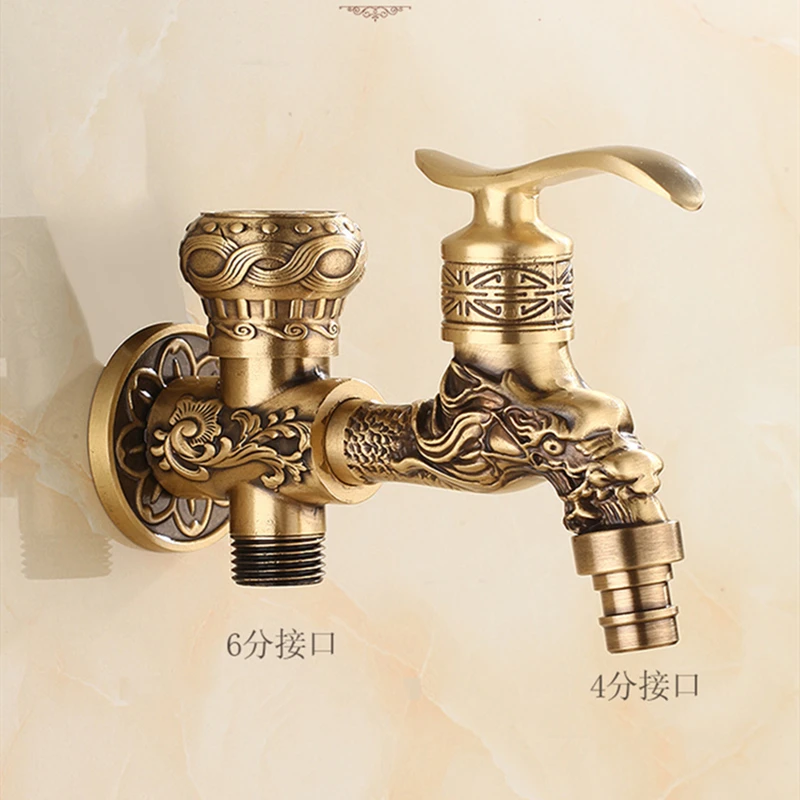 Single Cold Faucets Antique Copper Carved Pattern Dragon Type Washing Machine Bibcock Garden Retro Faucet Mop Slot Toilet Taps