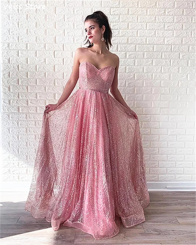 Rosa Prom Kleid A-linie Sexy Liebsten Schatz Ansatz Backless Ärmel Bodenlangen Pailletten Tüll Abendkleid فساتين السهرة