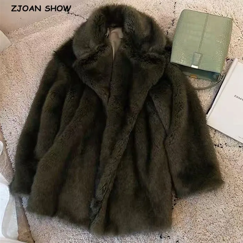 Winter Turn down Collar Lapel Hairy Shaggy Soft Faux Fur Coat Green Women Long Sleeve Furry Fur Warm Jacket Short Outerwear