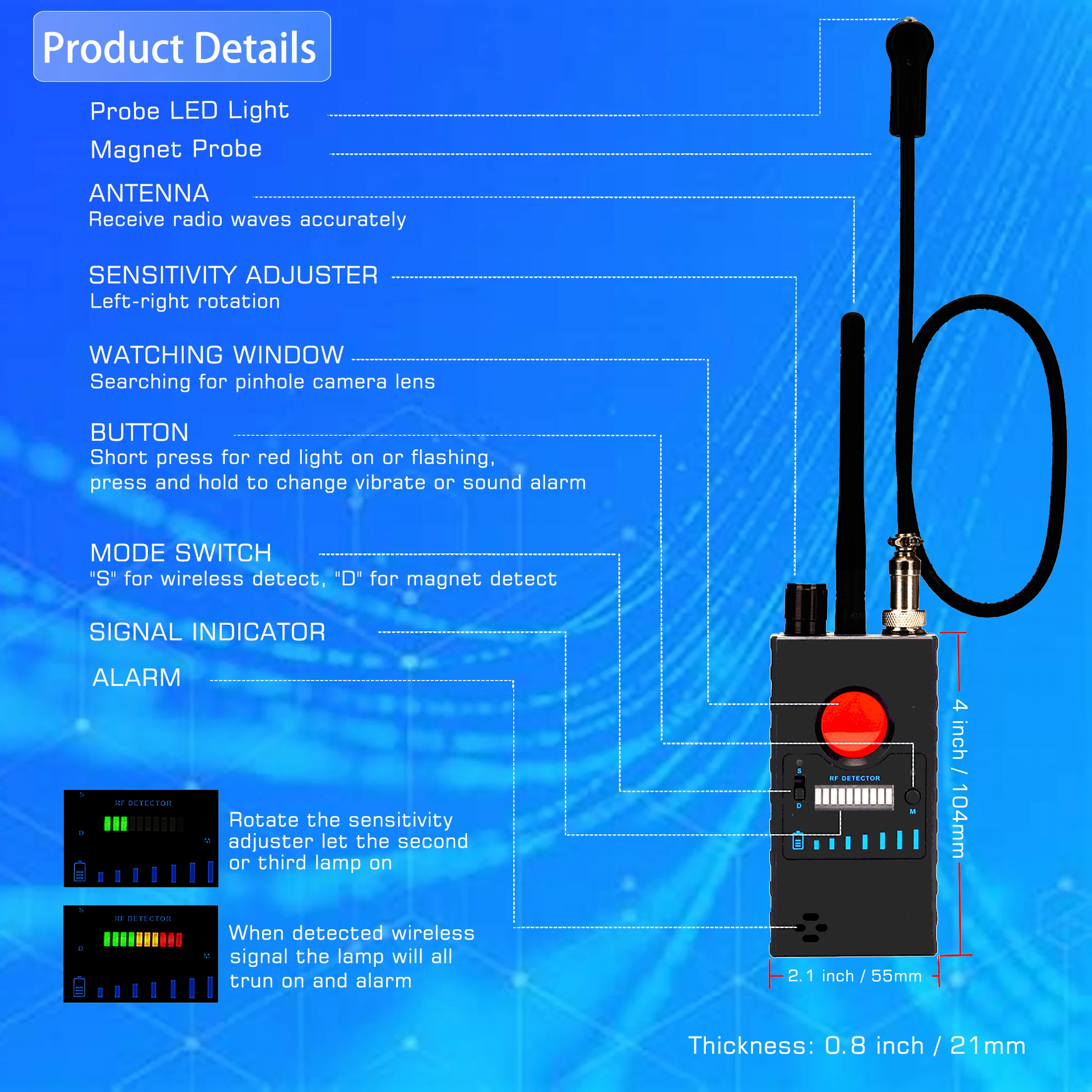 Detector de sinal rf de bug de câmera antiespião, câmera sem fio gps gsm rastreador maior sensibilidade scanner de rádio detecção de varredura a laser