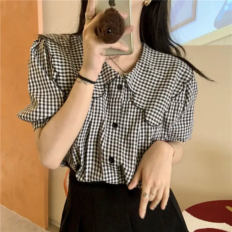 Spring Shirt Womens Lovely Elegant Soft Student Simple Plaid All-match Chic Tops Peter-pan-collar Fashion Vintage New Clothing