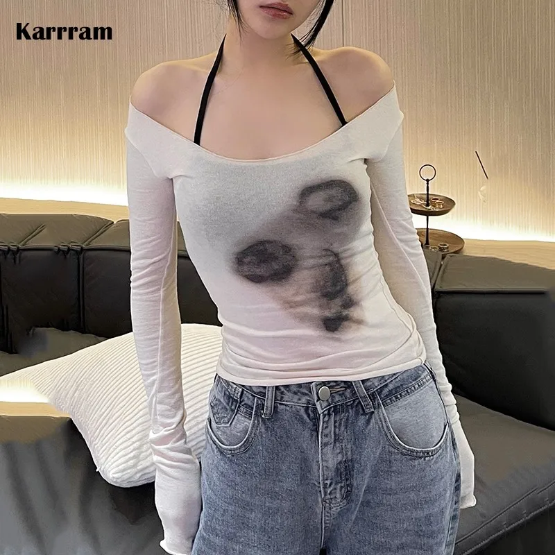 Karrram Sexy See Through Mesh Tops Thin Slim Semitransparent Top Tie Dye Grunge Aesthetic T-shirts Women Chic Clubwear Graphic