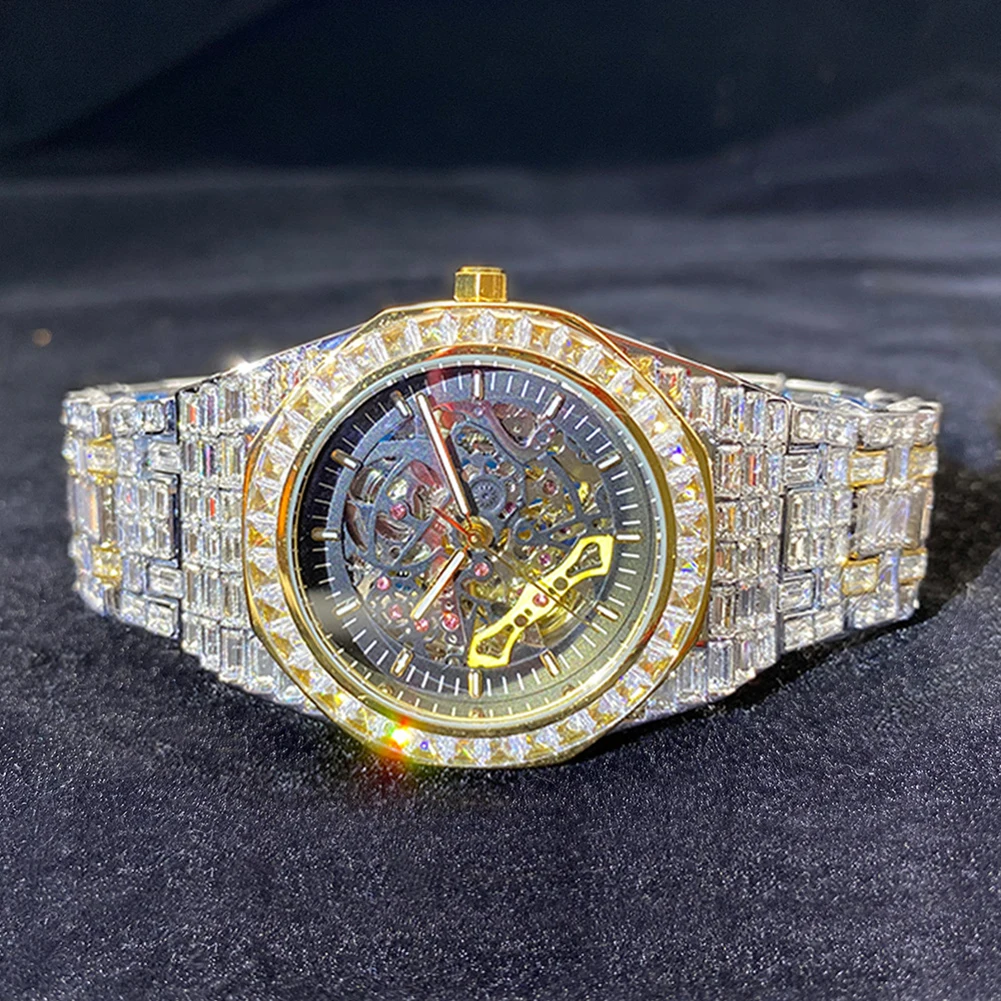 TOPGRILLZ Mechanical Luxury Baguette Rhinestones Watches In Yellow Gold Shine Stainless Steel Watch Quality Business Watch