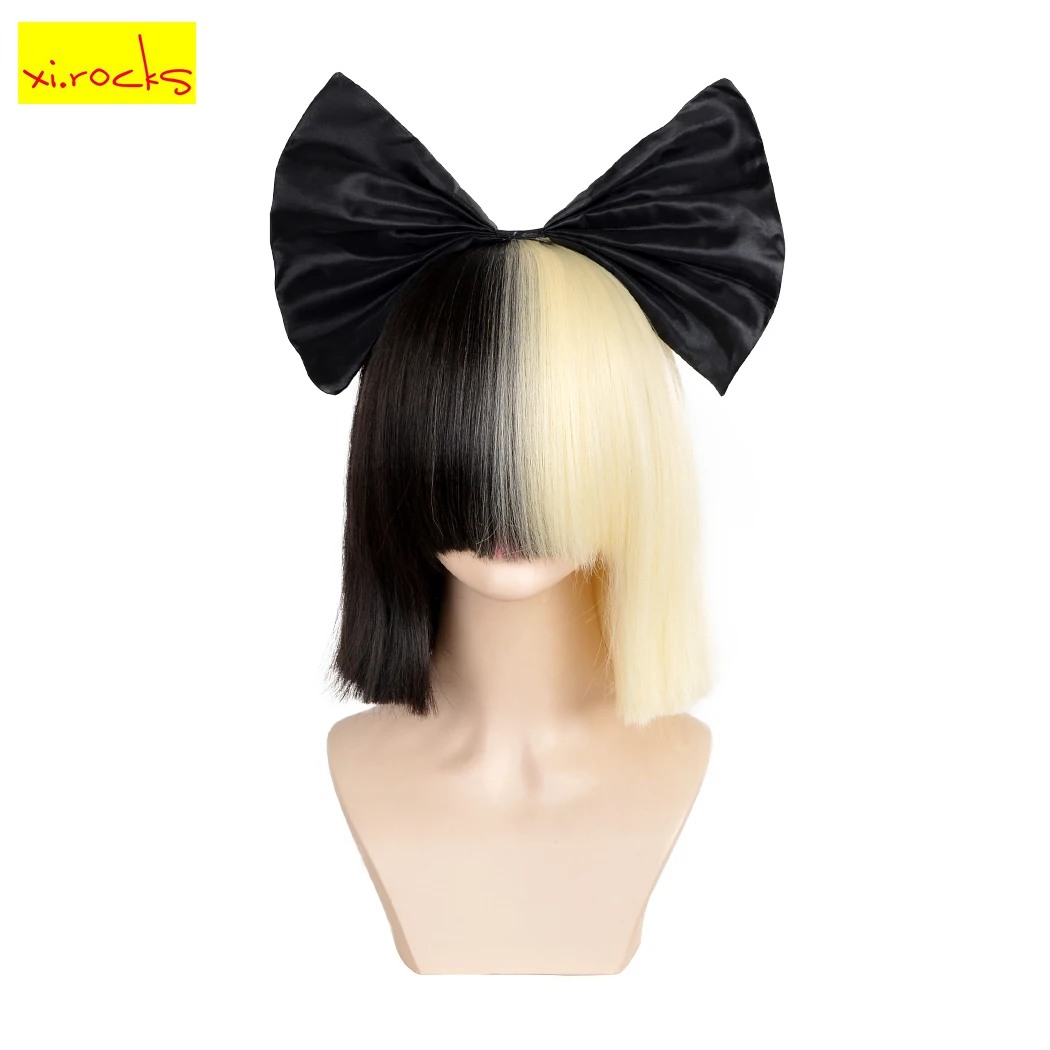 3494 Xi.Rocks Short Ombre  For Women Straight SIA Cosplay Black Blonde Bob Wigs With Bangs Synthetic False Hair