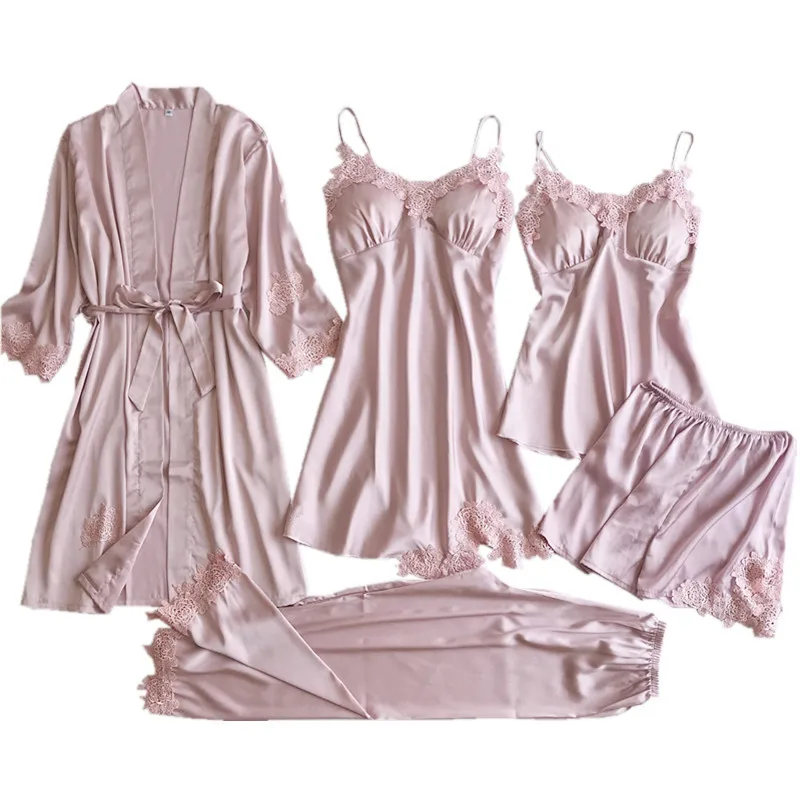 Gray Nightgown Set Women Lace Nightwear V-Neck Pajamas Suit Homewear Spring Sleepwear Robe Gown Sleep Wear Pijama Negligee