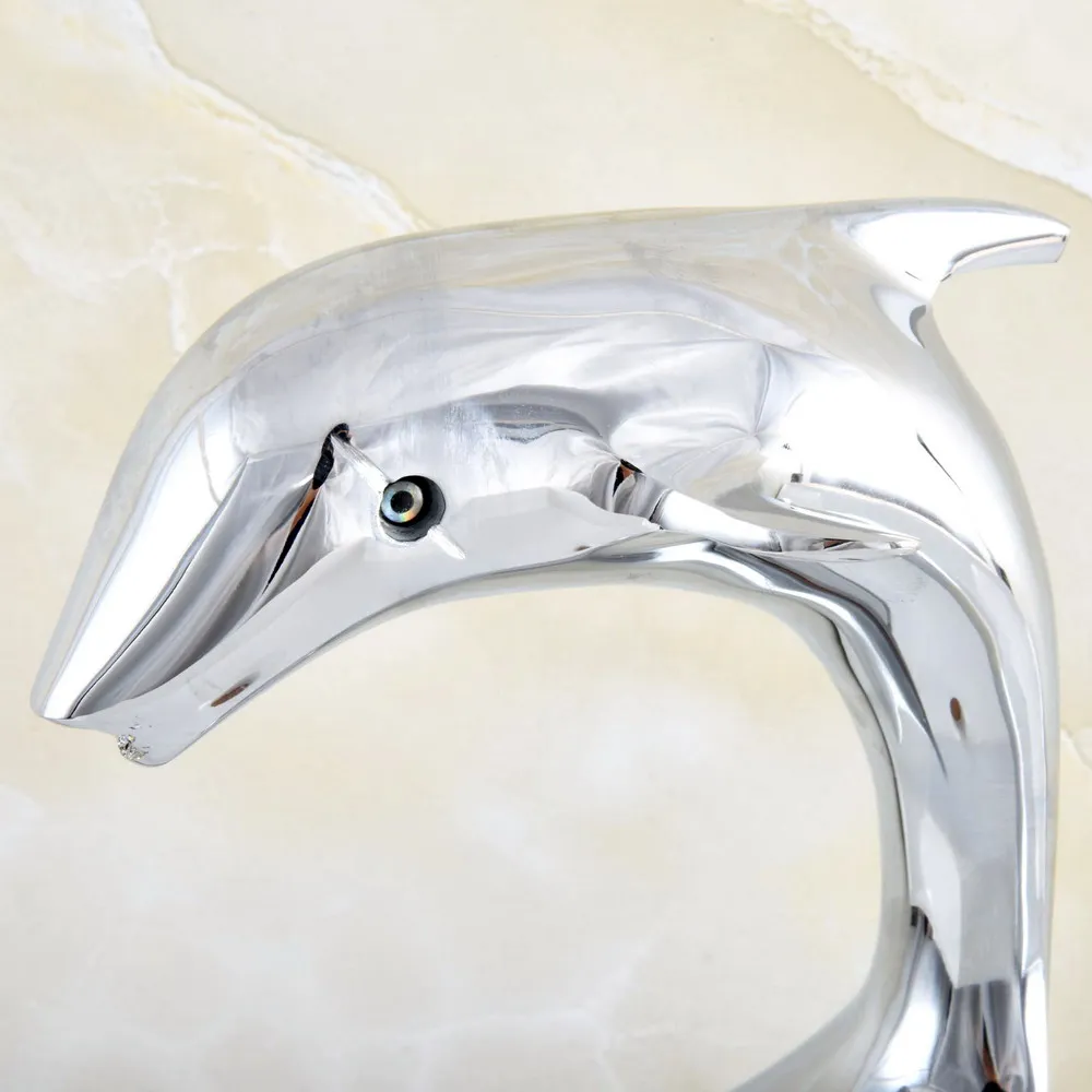 Polished Chrome Brass Swivel Spout Animal Dolphin Style Two Holes Basin Bathroom Vanity Sink 4