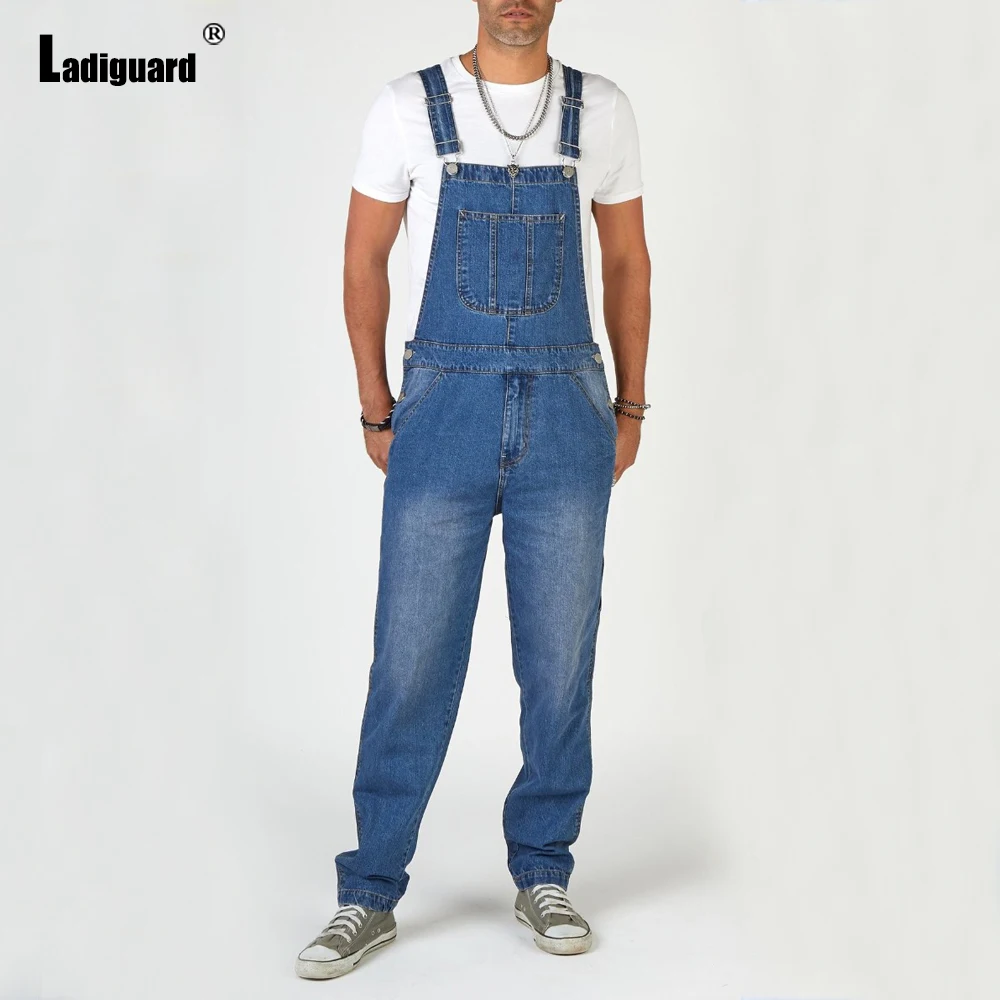 Ladiguard Plus Size Denim Pants Jumpsuit Mens Overalls Retro Blue Romper Stand Pockets Overall 2022 European Style Fashion Jeans