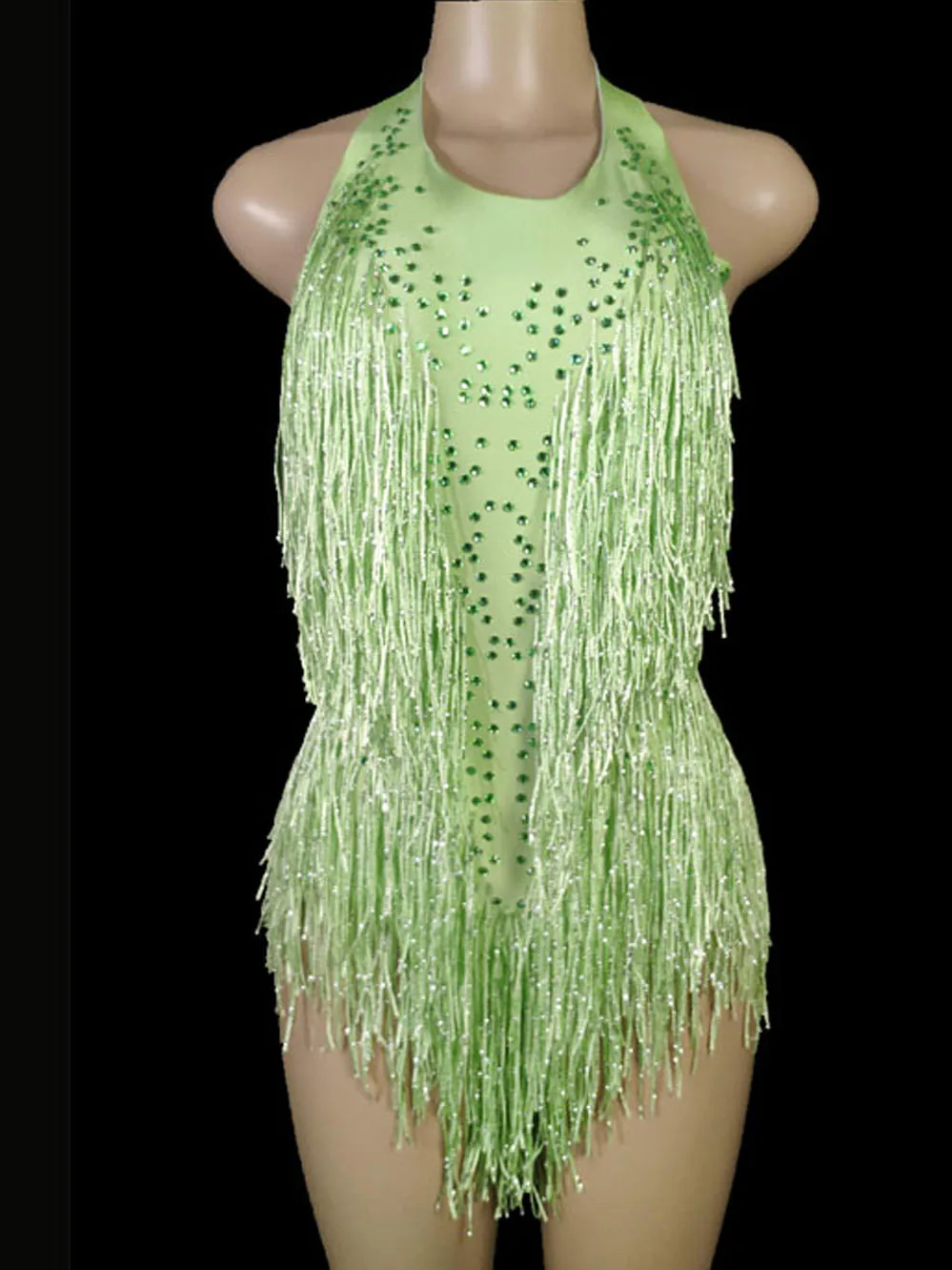 Sparkly Crystals Fringe Green Bodysuit Women Bling Rhinestones DJ Jazz Dance Costume Stage Performance Nightclub Show Outfit