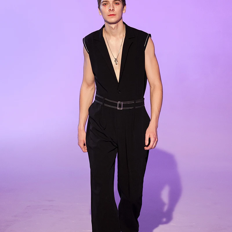 

New European and American jumpsuit jumpsuit straight leg loose sleeveless men's trousers suit oversize overalls