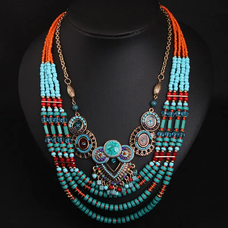 New Vintage Bohemian Statement Necklace Beads Layered Choker Bib Collar Pendant Necklaces Women Ethnic Boho Tribal Gypsy Jewelry