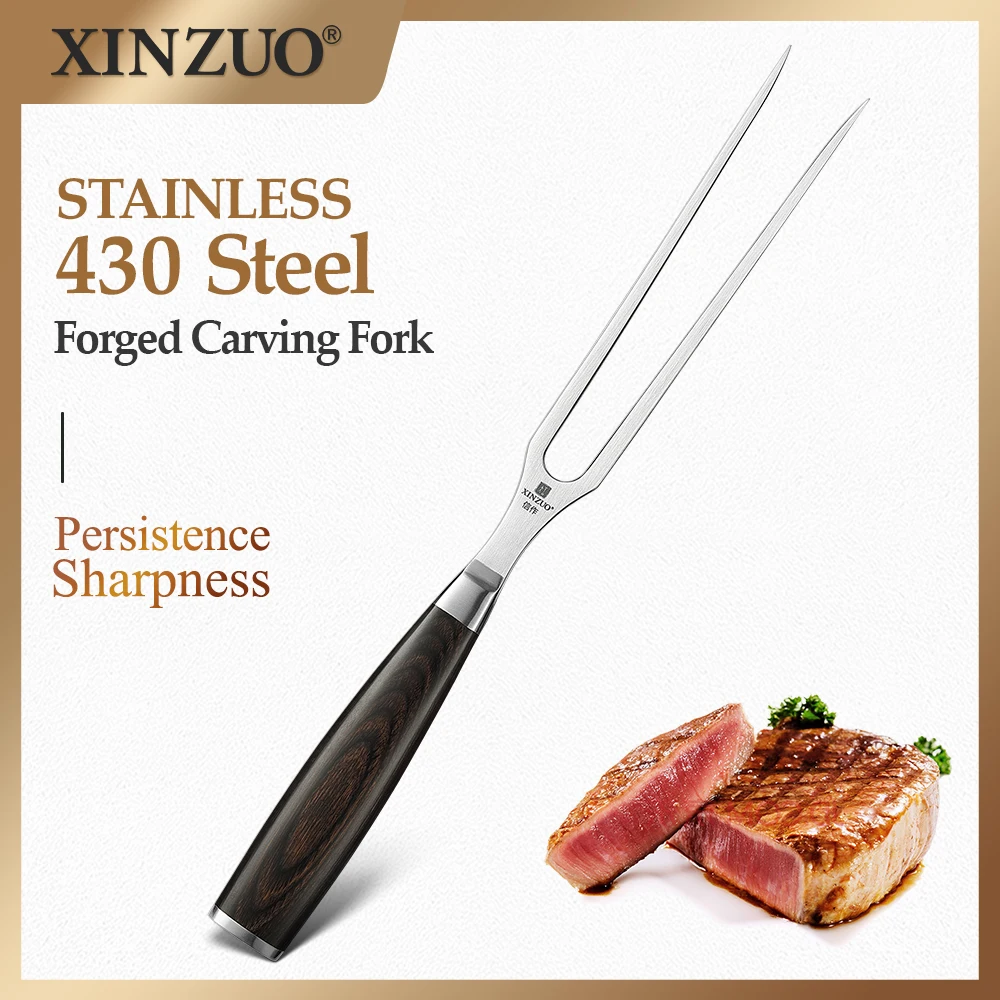 XINZUO 1-2PCS 430 Steel Stainless Steel Carving Fork Damascus Knife Barbecue Fork With Japanese Pakka Wood Handle BBQ Tool