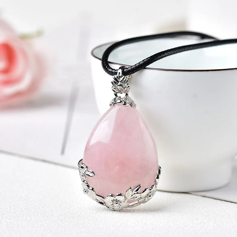 1PC Natural Crystal Mineral Jewelry Amethyst Rose Quartz Opal Ornaments Pendant Water Drop Shape For Men Women Jewelry Gift