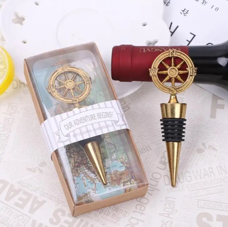 

100pcs Travel Theme Wedding Souvenirs Wedding Party Favors Bronze Compass Wine Bottle Stoppers 4x10.5cm Christmas Gifts SN584