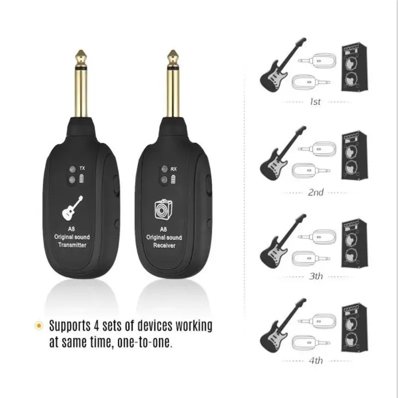 Hot A8 Guitar Wireless System Transmitter Receiver Built-in Rechargeable Built- in Rechargeable wireless guitar transmitter