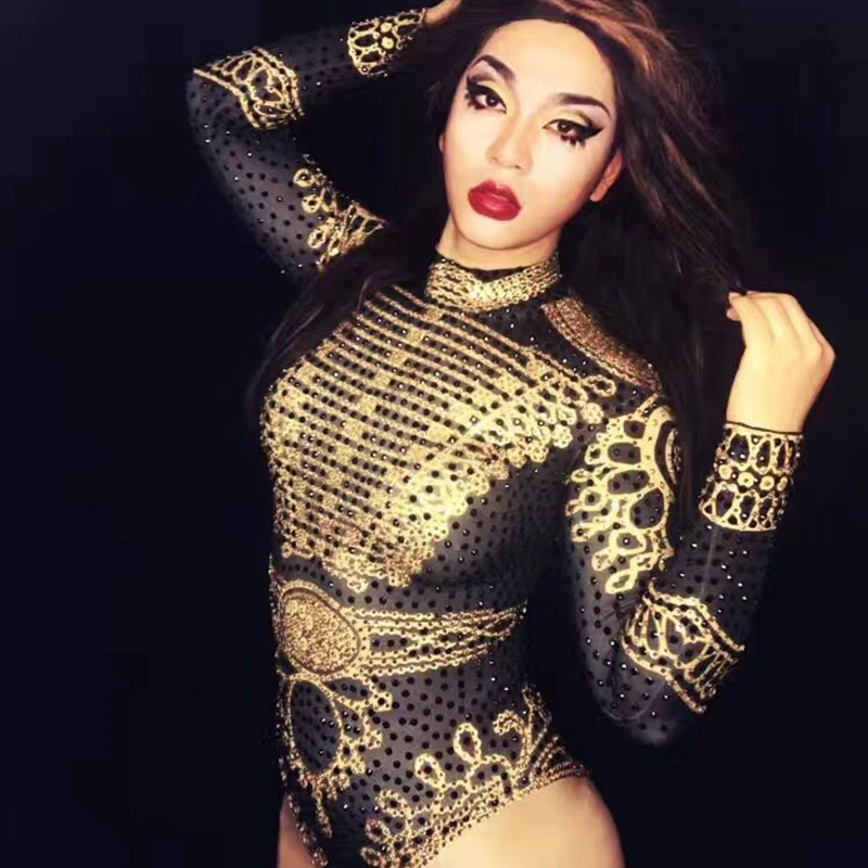 Sparkly Gold Rhinestones Bodysuit Long Sleeve Female Singer Performance Leotard Stage Wear One Piece Dance Costume Rave Outfits