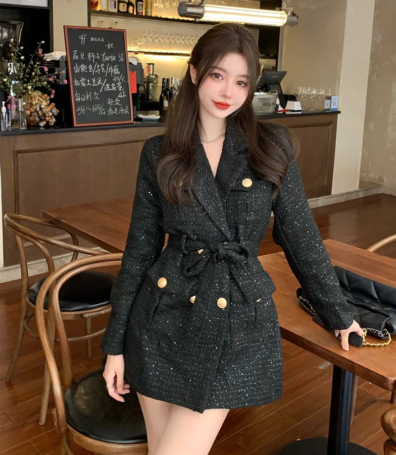 

Autumn Winter Tweed Woolen Jacket Women 2021 New Fashion Luxury Double Breasted Pockets Coat Female Casual Lace Up Outerwea