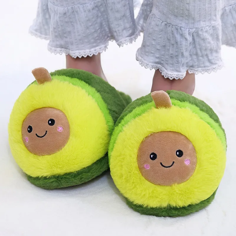 Kawaii Plush Avocado Slippers Fruit Toys Cute Pig Cattle Alpaca Warm Winter Adult Shoes Doll Women Household Products