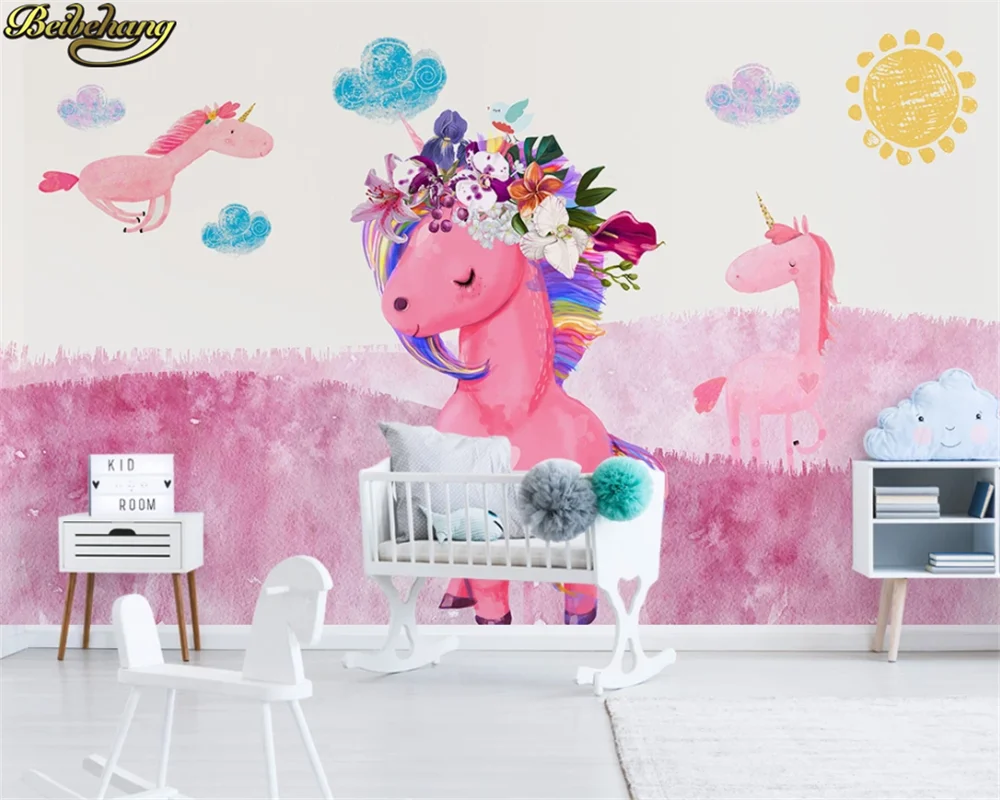 

beibehang Custom wallpaper mural Nordic modern minimalist hand painted pink unicorn children's room background wall paper