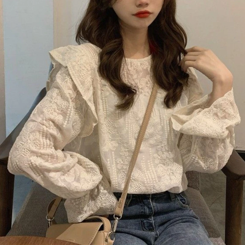 Women Blouse Elegant Romantic Embroidery Spring Tender Long Sleeve White All-match Pure Top Office Street Leisure Comfort Kawaii