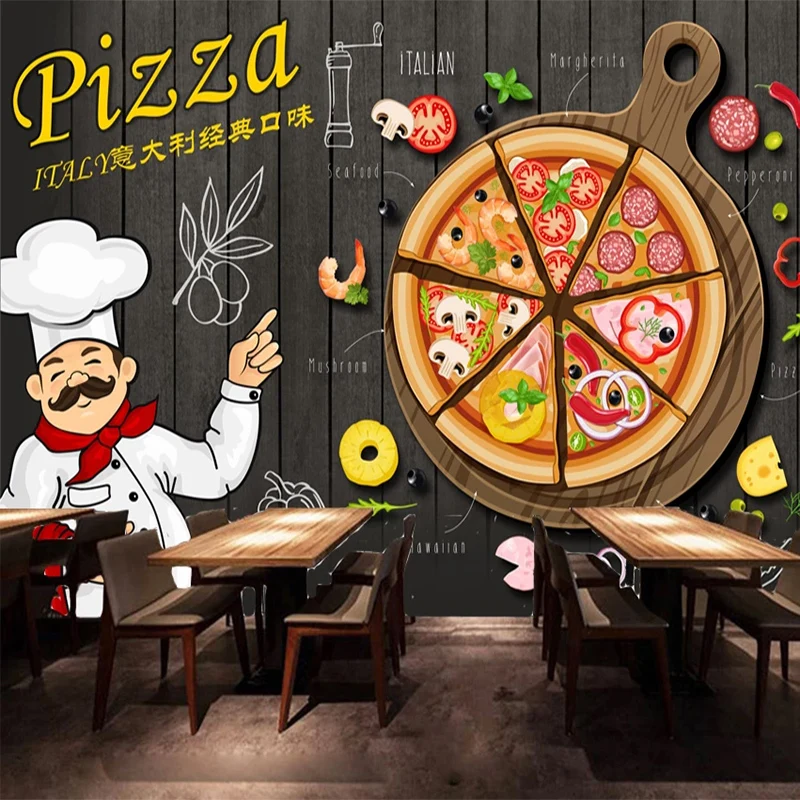 Custom Any Size Mural Wallpaper Vintage Black Wooden Board Pizza Wallpaper Restaurant Cafe Snack Bar Background Wall Painting 3D