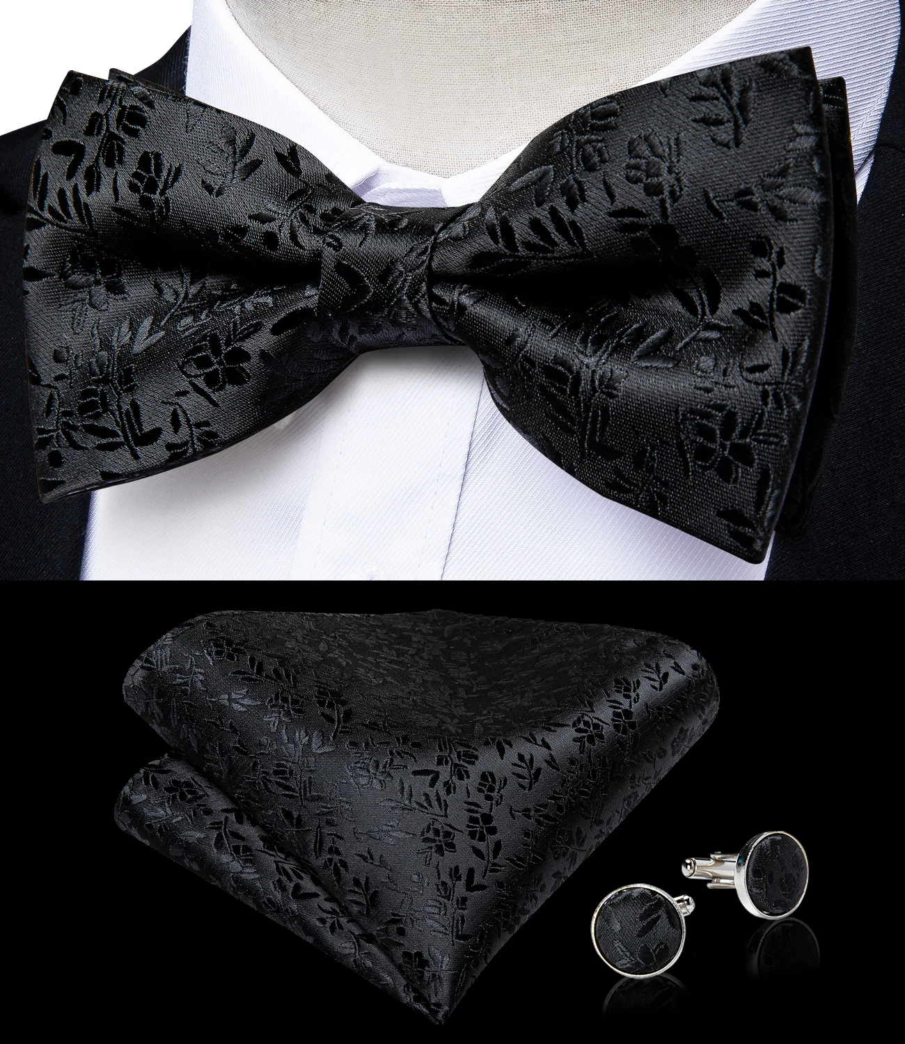 Esmoquin de seda negra para hombre, conjunto de cadena de broche, pajarita floral, faja para fiesta de boda, DiBanGu