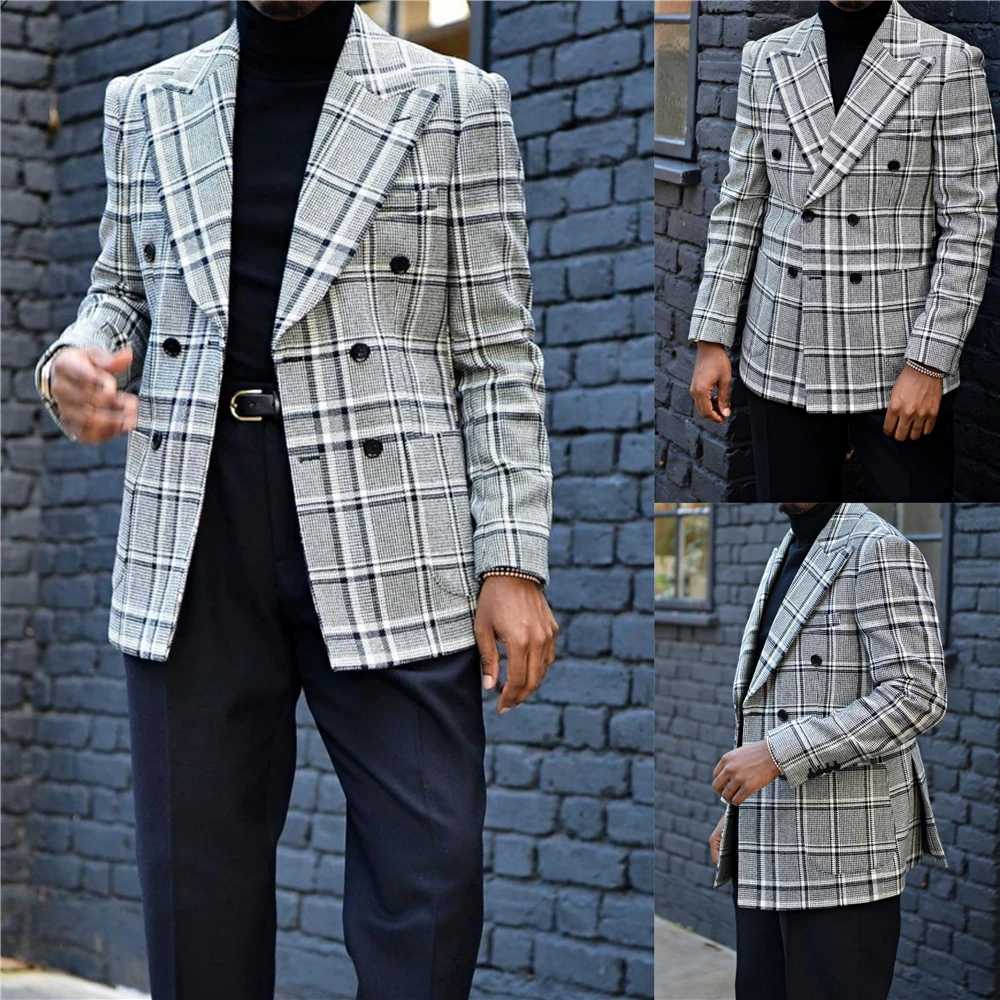 

Handsome Check Men Tuxedos Loose Peaked Lapel Double Breasted Check Suits Custom Made Party Wedding Daily Blazer 1 Piece