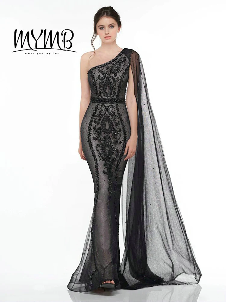 Glamous One Shoulder Sheer Beading Tulle Long Black Evening Gown MYMB Couture Fitted And Flare Party Dress MY21114