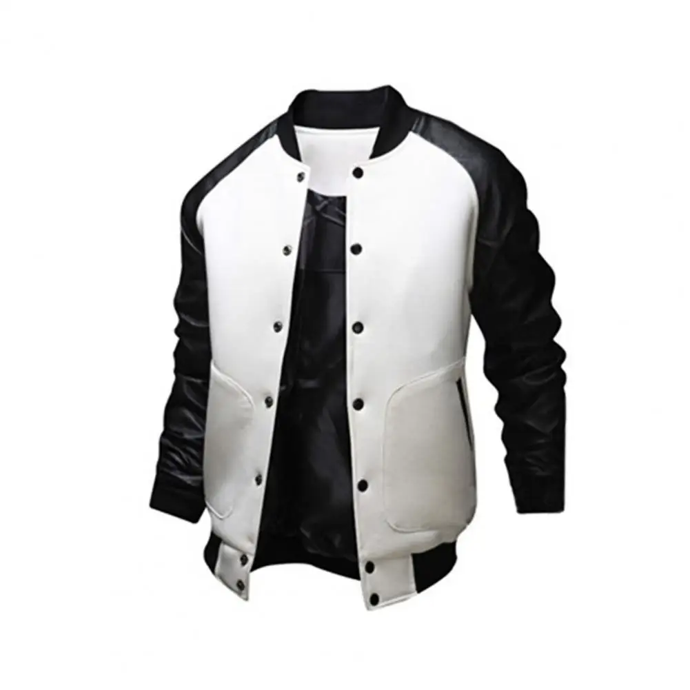 Men Coat Stand Collar Contrast Colors Big Pockets Patchwork Casual Baseball Jacket for Daily Wear