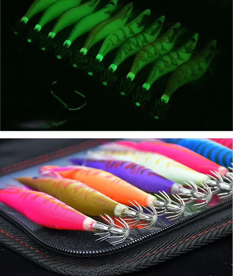 10Pcs Luminous Squid Lure Jig Hook Bait Shrimp Octopus Cuttlefish Lure Sinker Shrimp with Ring Bead Fishing Lure Lead Sinker