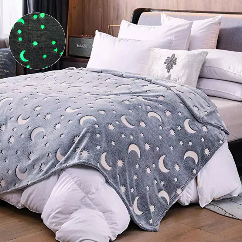 Soft Fleece Blanket Luminous Warm Flannel Blankets Glow In The Dark Stars Moon Print Sheet Sofa Bedspread Leisure Coverings Gift