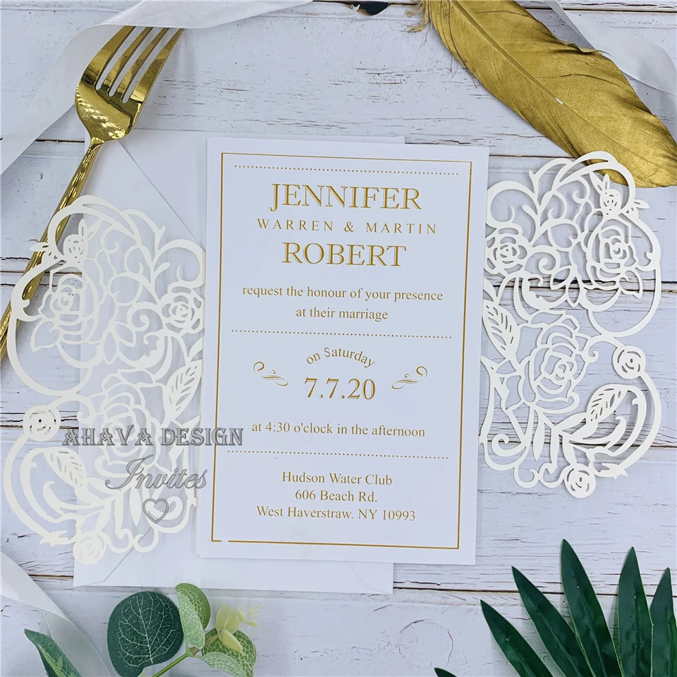 

Ivory Bloom- Laser Cut Wrap with Bowtie And Customized Insert, Floral Wedding Invitation