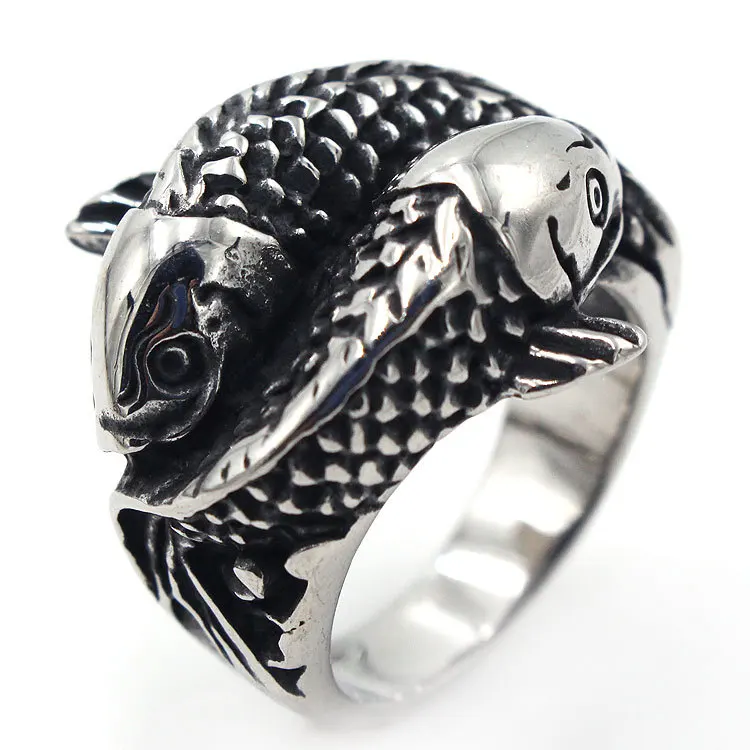 

Bxzyrt Vintage Cool Men Punk Rings Titanium Stainless Steel Double Fishes Cock Rings For Women Men Male Party Finger Jewelry