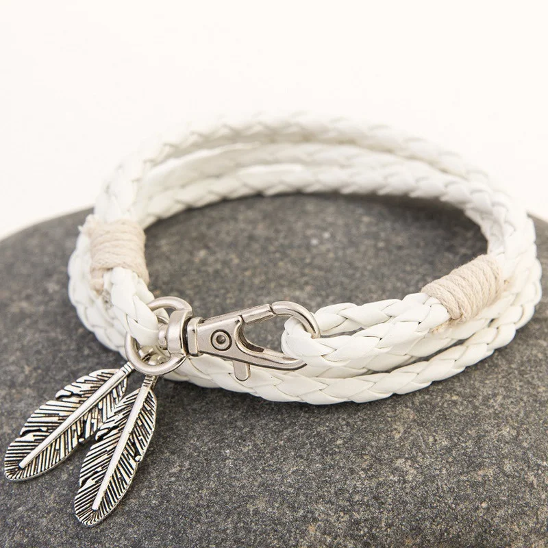 Vintage Leaf Feather Multilayer Leather Bracelet Men Fashion Braided Handmade Keychain Rope Wrap Bracelets &Bangles Male Gift