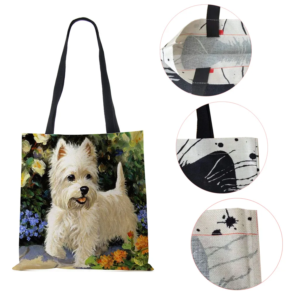 Unique Design Westie Dog Painting Square Handbag for Women Shoulder Bags Large Capacity Eco Linen Totes