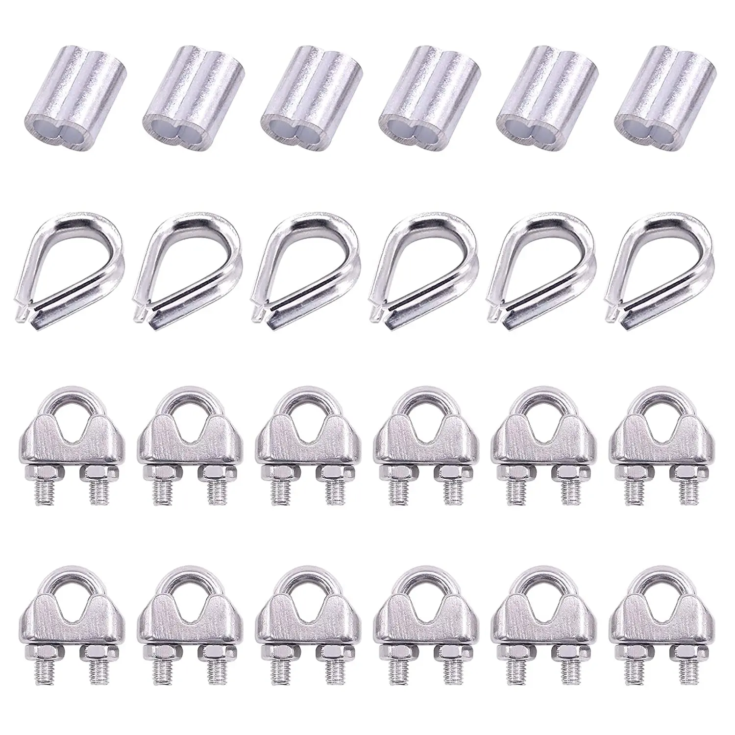 24Pcs M4 Wire Rope Cable Clip Clamp with Cable Thimbles Combo and Aluminum Crimping Loop Sleeve Set for Wire Rope Cable Thimbles