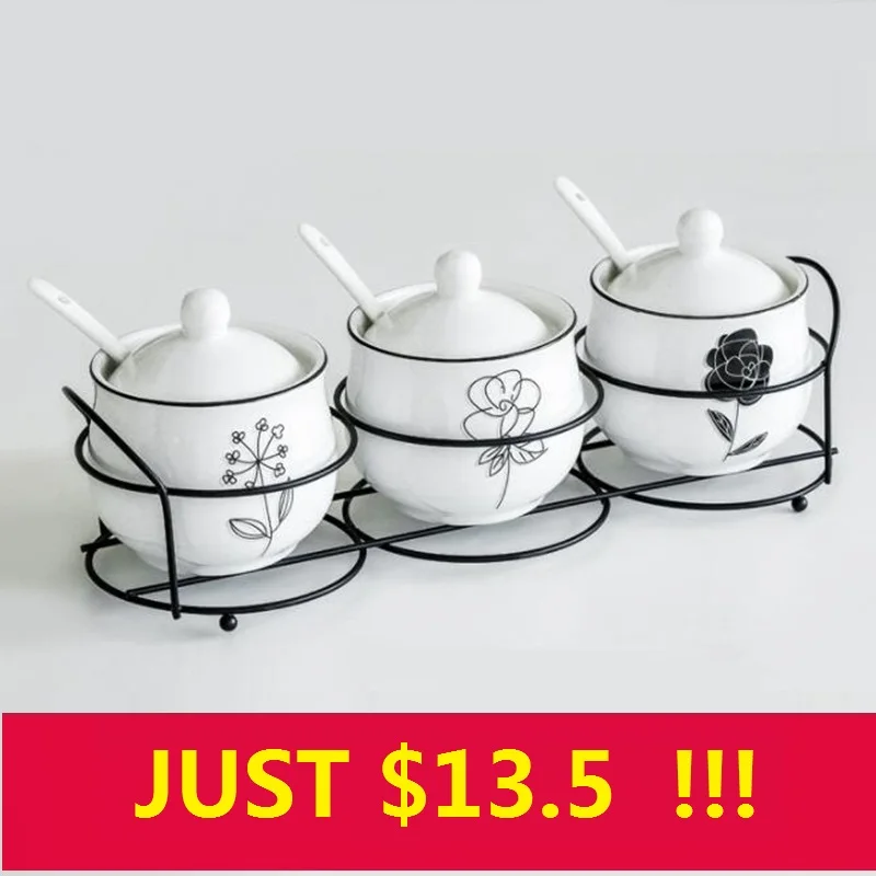 3PCS/Set Ceramic Salt And Pepper Jar Set Cruet Seasoning Rack Holder With Spoon Condiment Sugar Spice Storage Box Cooking Tools