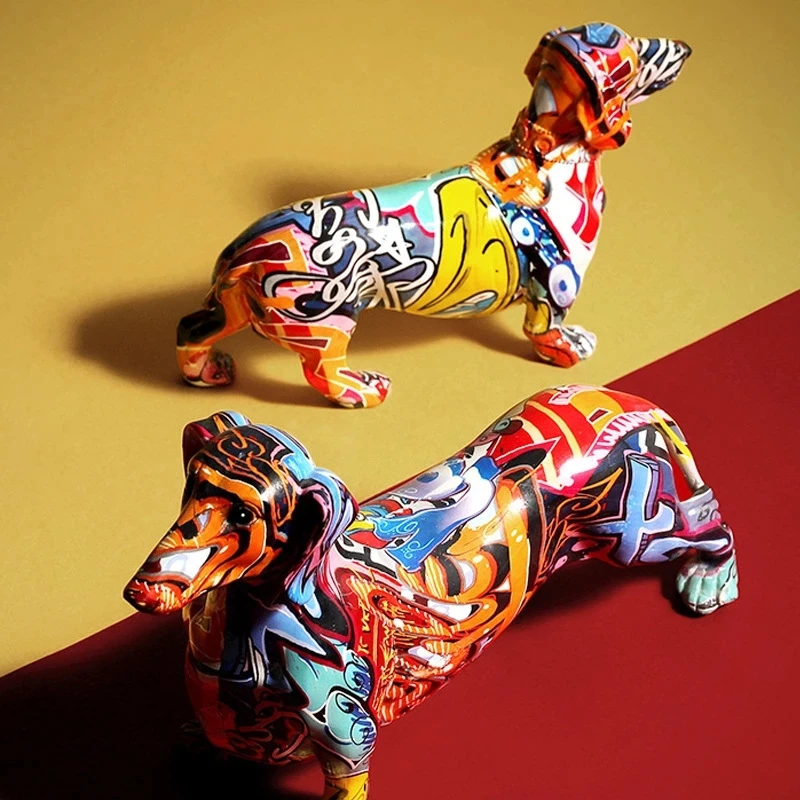 Statue Figurine Sculpture Home Office Table Desktop Decor Ornaments Nordic Modern Colorful Graffiti Style Painted Dog Dachshund