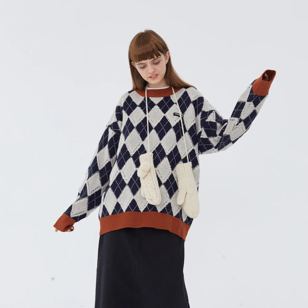 

Knitted Retro Vintage Designer Oversized Woman Sweaters Argyle Winter Clothes Women Nice Pullover Cardigan Long Sleeve Tops