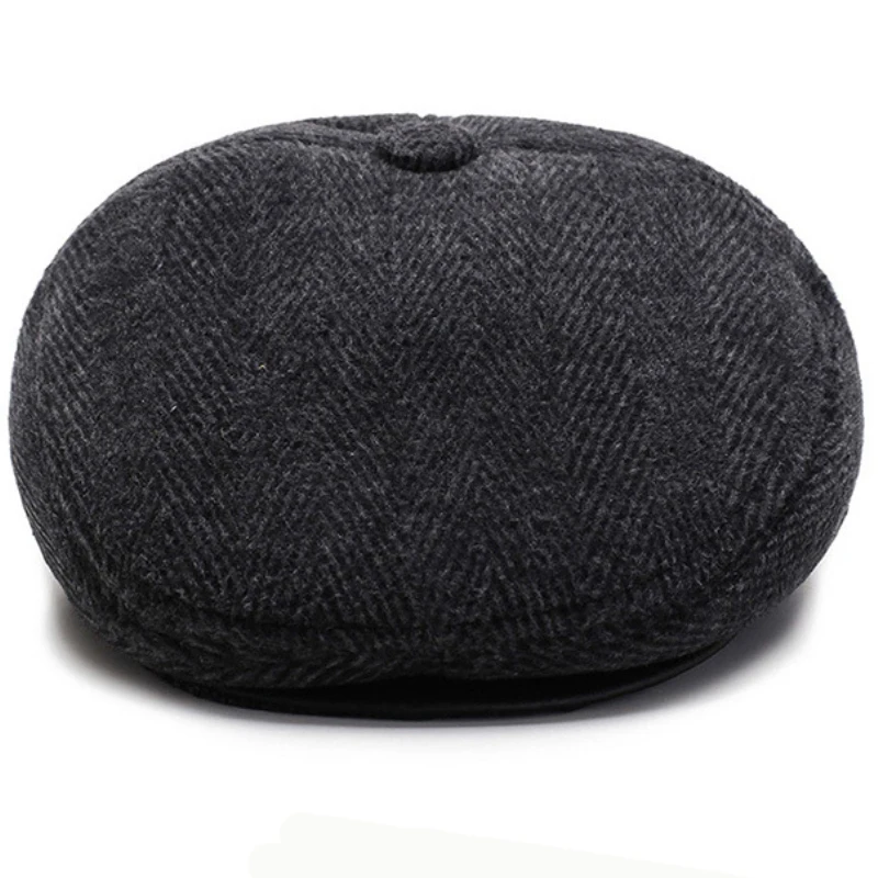 HT2630 Beret Cap Autumn Winter Beret Thick Warm Earflap Cap Men Vintage Wool Felt Hat with Ear Flap Male   Flat Cap