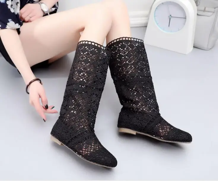 Large size Spring hollow boot autumn shoes fashion mesh red blue high to help summer women\'s flats boots knee high tube women\'s