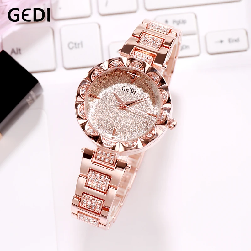 Fashion Gedi Brand Luxury Women Watches Rose Gold Crystal Full Steel Ladies Watch Relogio Feminino Horloge Dames