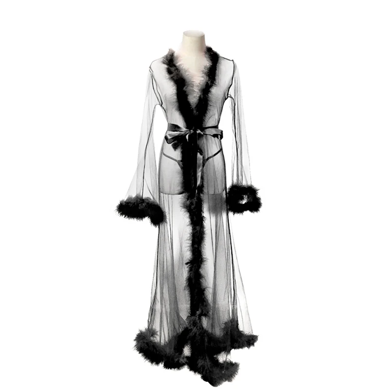 Sexy Feather Robe Mesh Sheer See Through Sleepwear Robe Long Sleeve Night Gown Erotic Women Sexy Lingerie