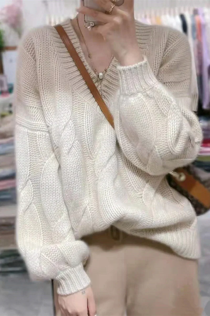 2021 soft and thick cashmere sweater women autumn and Winter Bubble Sleeve v neck loose lazy wind wool knitted sweater foundatio