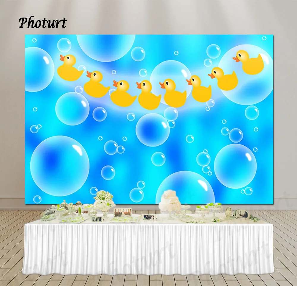 PHOTURT Bubble Little Yellow Duck Photography Background Kids Birthday Party Backdrop Blue Vinyl Banner Photo Studios Props