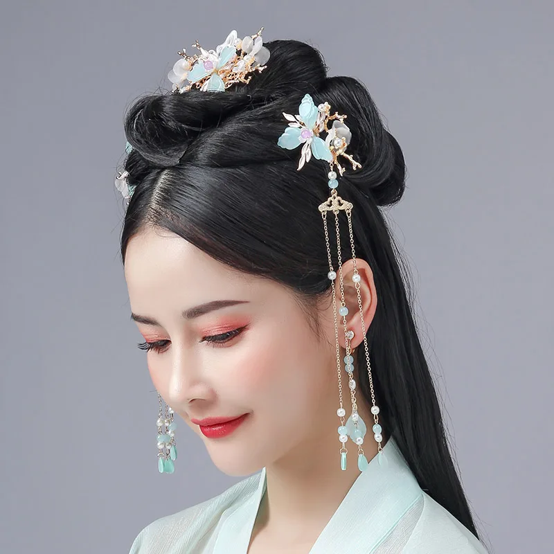 Seven Cina Hanfu Gaun Jepit Rambut Klip Bunga Kupu-kupu Bersinar Kristal Mutiara Rumbai Rambut Sisir Headpieces Perhiasan Set