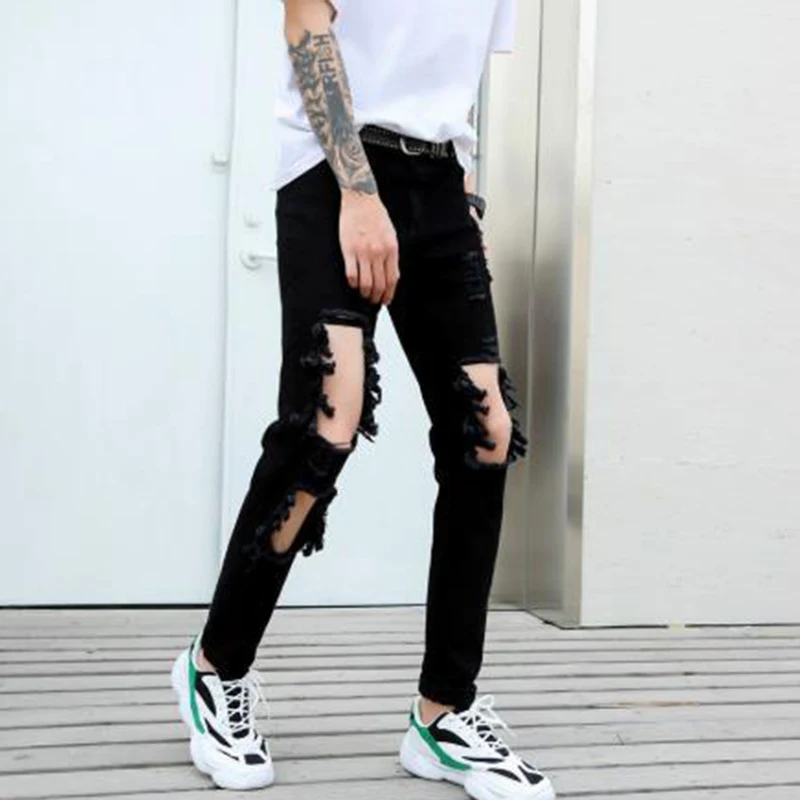 

Men Destroy Beggar Hollow Jeans Male Fashion Slim Fit Skinny Denim Trousers Hip Hop Punk Black Hole Pants