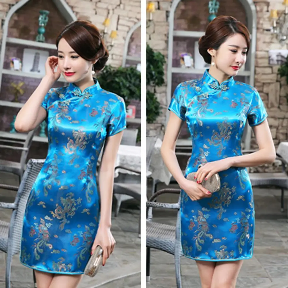 Chinese Qipao Cheongsam Dragon/Phoenix Embroidery Chinese Traditional Cheongsam for Women Side Slitting Hem Mini Dress Cheongsam