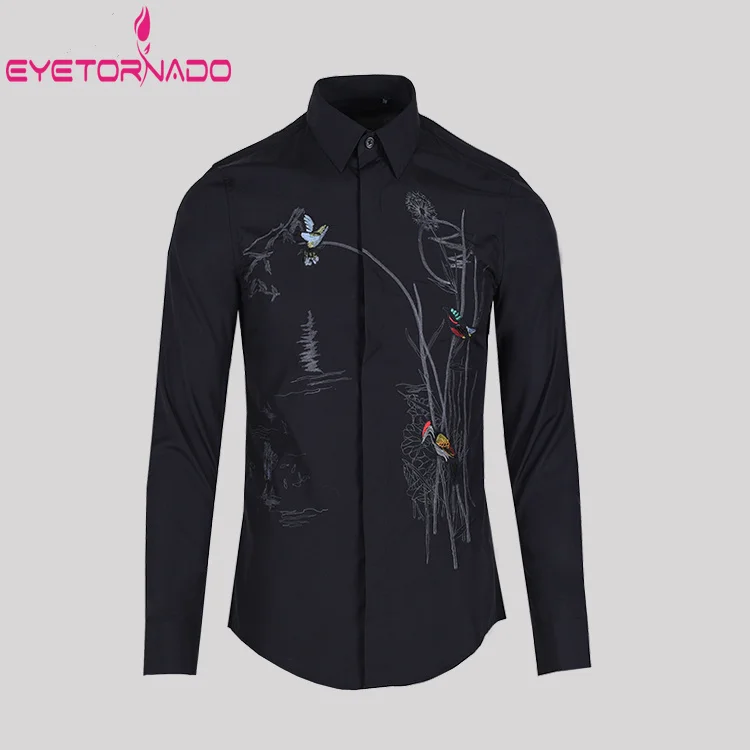 Flower and Bird Embroidered Shirts Men Long Sleeve Wedding Party Groom Dress Shirt White Gentlemen Streetwear Men Shirts 4XL