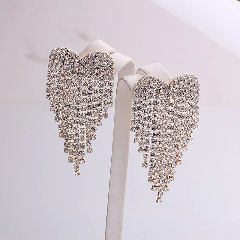 Luxury Rhinestone Tassel Earrings For Women Elegant Big Crystal Heart Drop Dangle Earrings Wedding Earring Jewelry Accessories